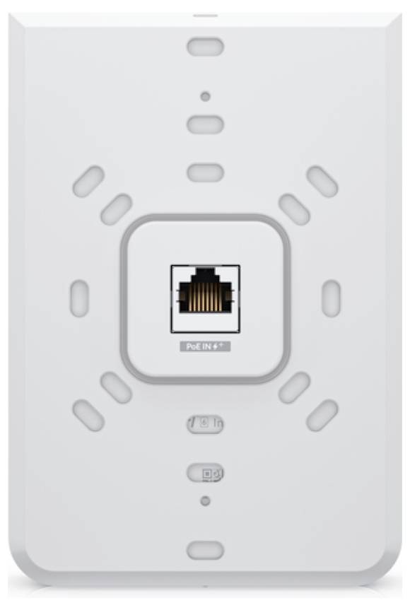 En hvid væg-monteret netværksgrænseflade med en Ethernet-port mærket 'PoE IN' i midten, omgivet af ventilationsmønstre.