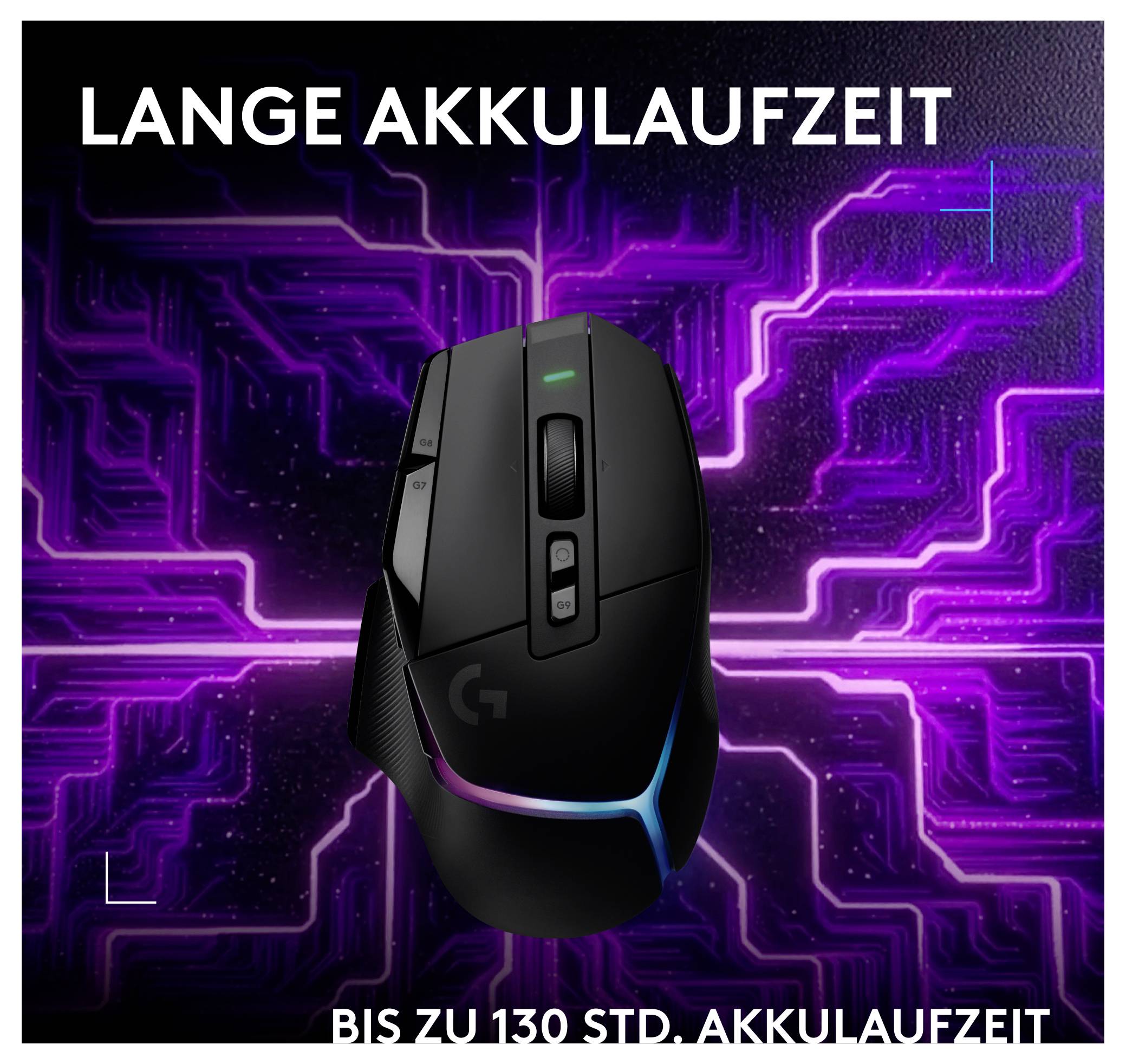 Reklame for en trådløs gaming-mus foran en lilla kredsløb-baggrund med teksten 'LANG BATTERILEVETID' og 'OP TIL 130 TIMERS BATTERILEVETID'.