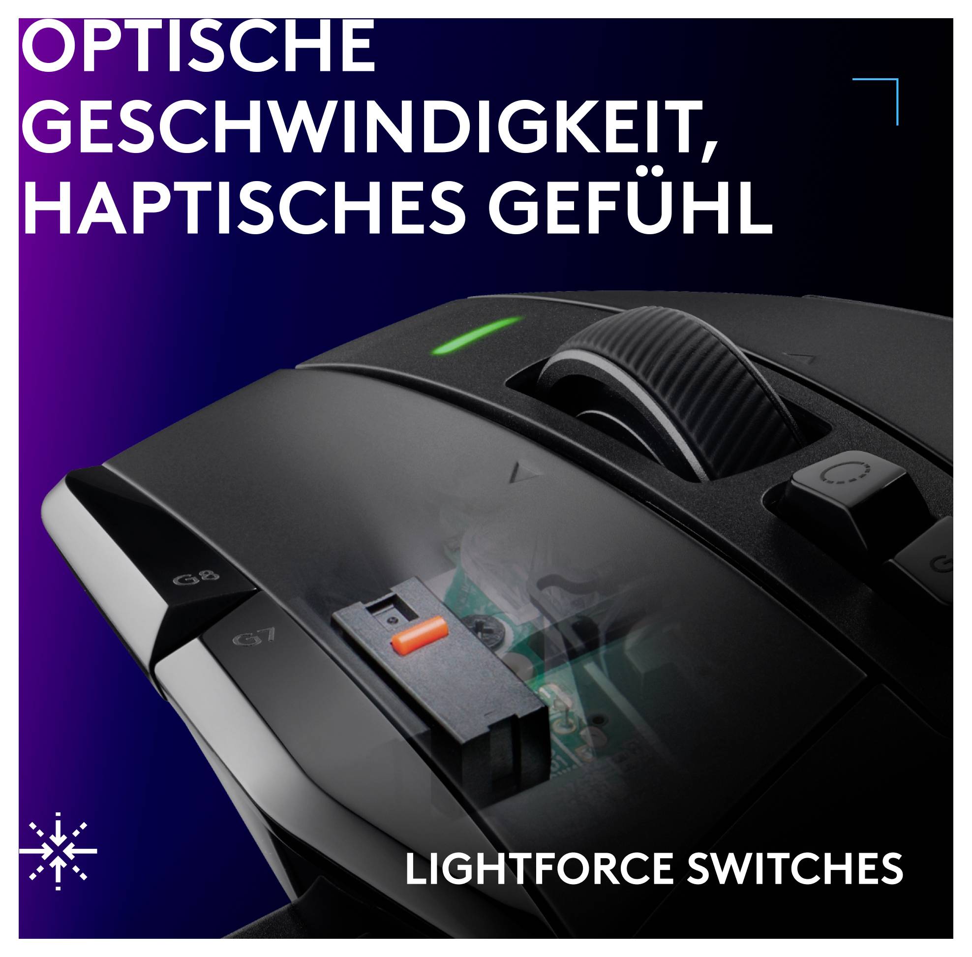 Reklamegrafik for en gaming-mus med teksten 'OPTISK HASTIGHED, HAPTISK FEEDBACK' og 'LIGHTFORCE SWITCHES'; viser skiftemekanisme indeni.