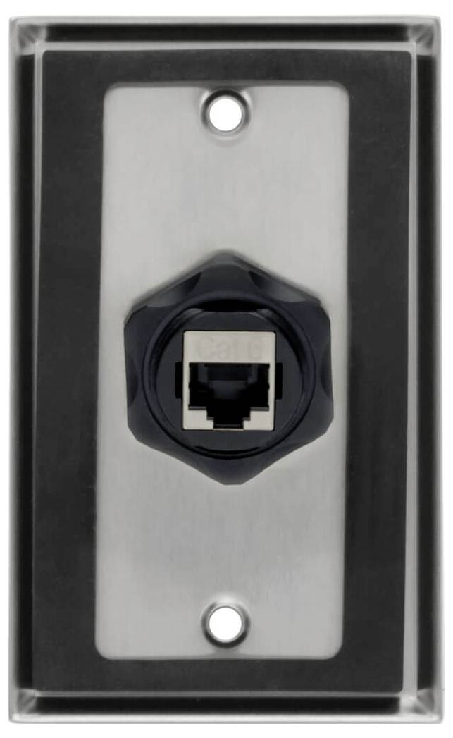 Vægplade med et enkelt Ethernet-netværksstik centreret på en børstet metalforside.