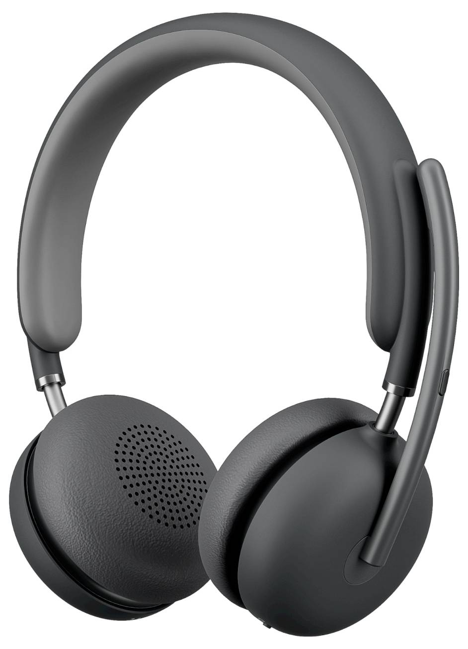 Sort trådløs on-ear headset med påmonteret bom-mikrofon på hvid baggrund.