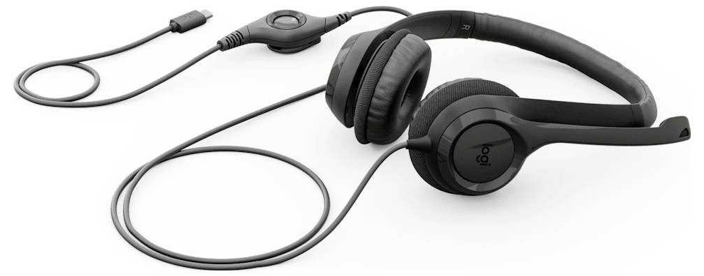 Sorte on-ear høretelefoner med et fastmonteret kabel, vist oprullet på en hvid baggrund.