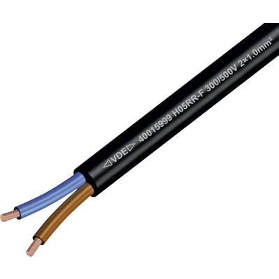 Toledet sort elektrisk kabel med blå og brun isolerede ledninger eksponeret ved enderne, mærket 'H05RR-F 300/500V 2x1.0mm²'.