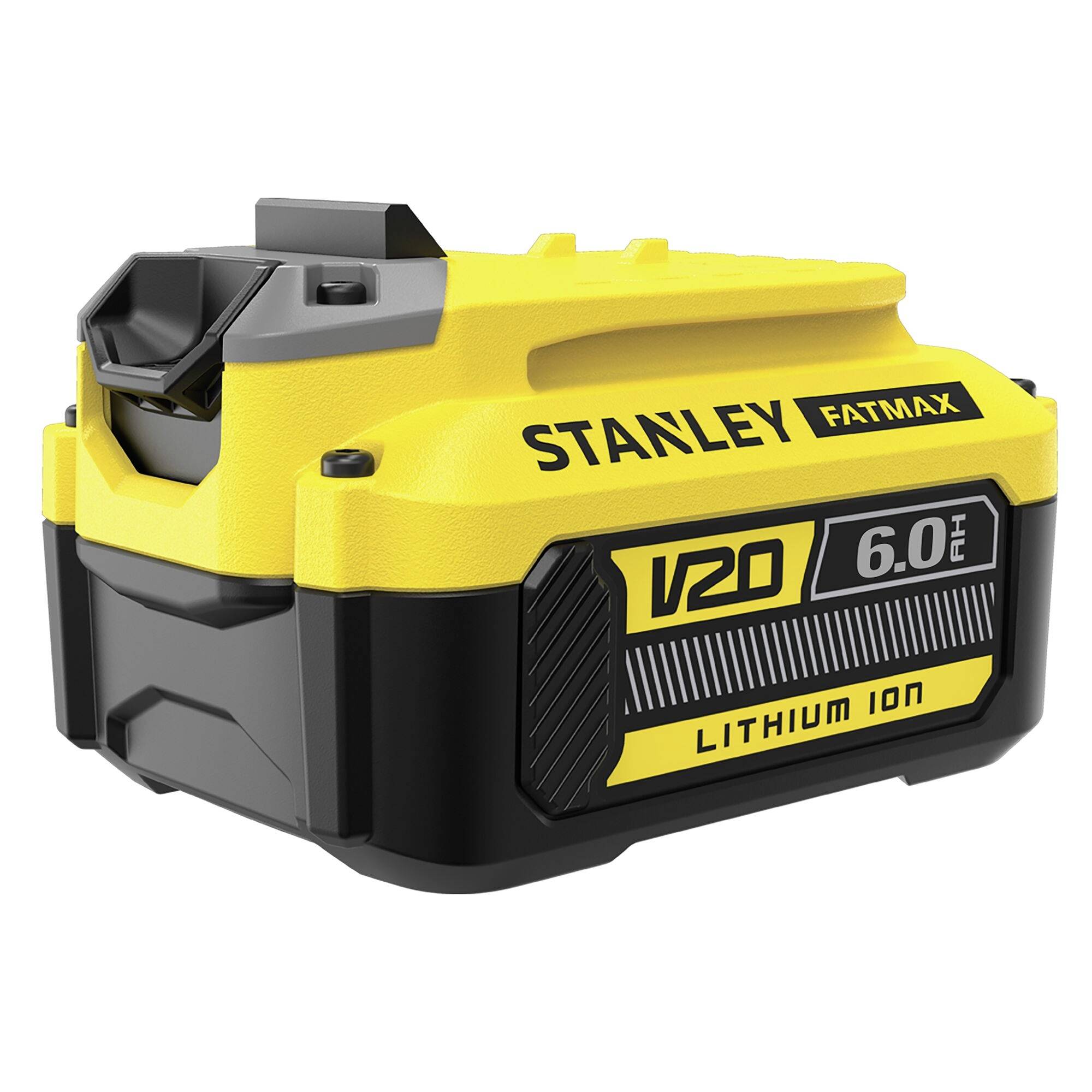 En gul og sort Stanley FATMAX V20 Lithium Ion 6.0Ah batteripakke, vinklet visning, der viser mærke og specifikationer.