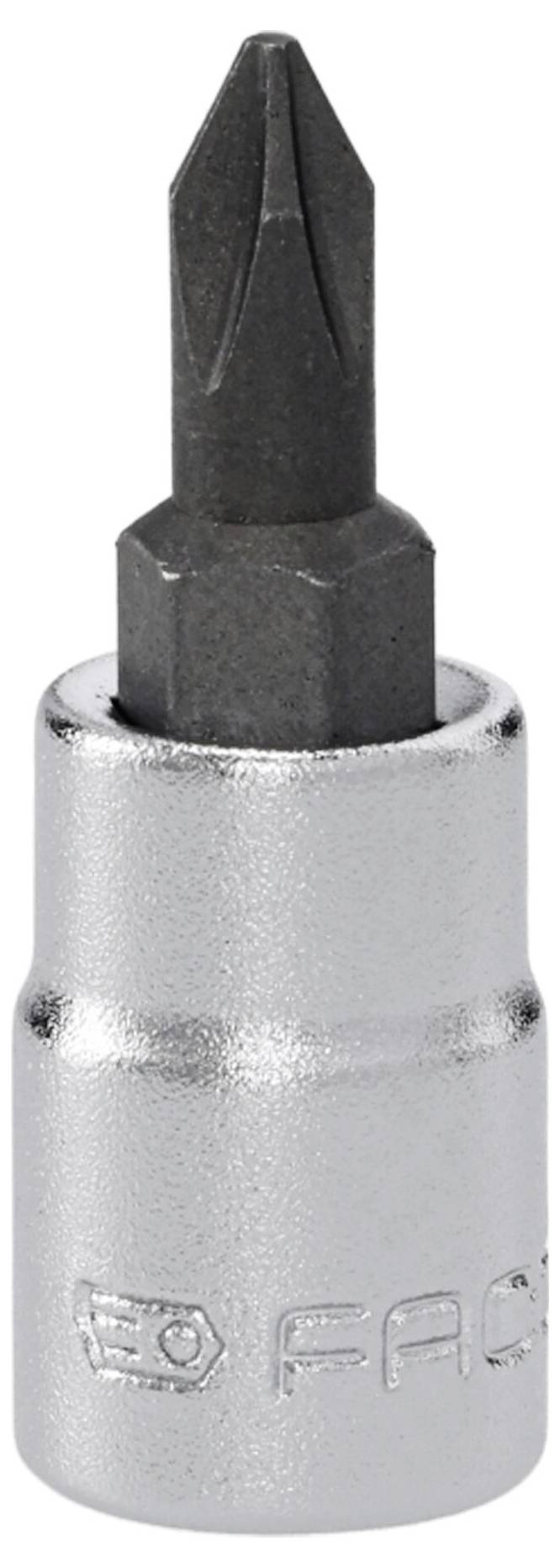 En metallic skruetrækkerbit med en sekskantede base og et Phillips-hoved, designet til brug med ratsjepasser og kradsokler.