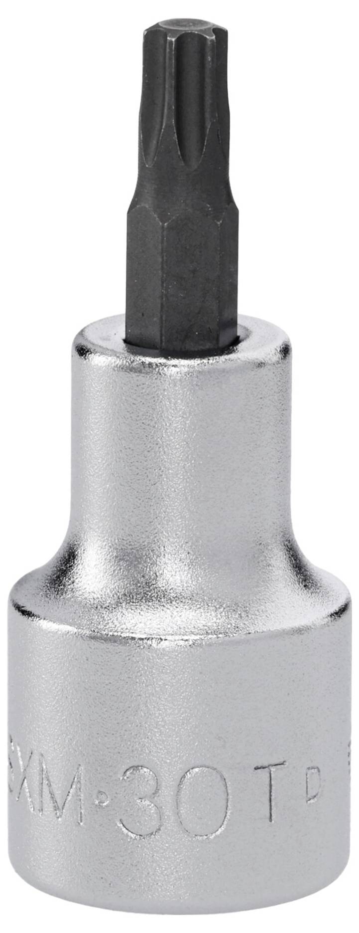 En metallic Torx-stikbit med størrelsesbetegnelsen T-30. Den har en stjerneformet spids, der bruges til at fastgøre skruer og bolte med Torx-hoveder.