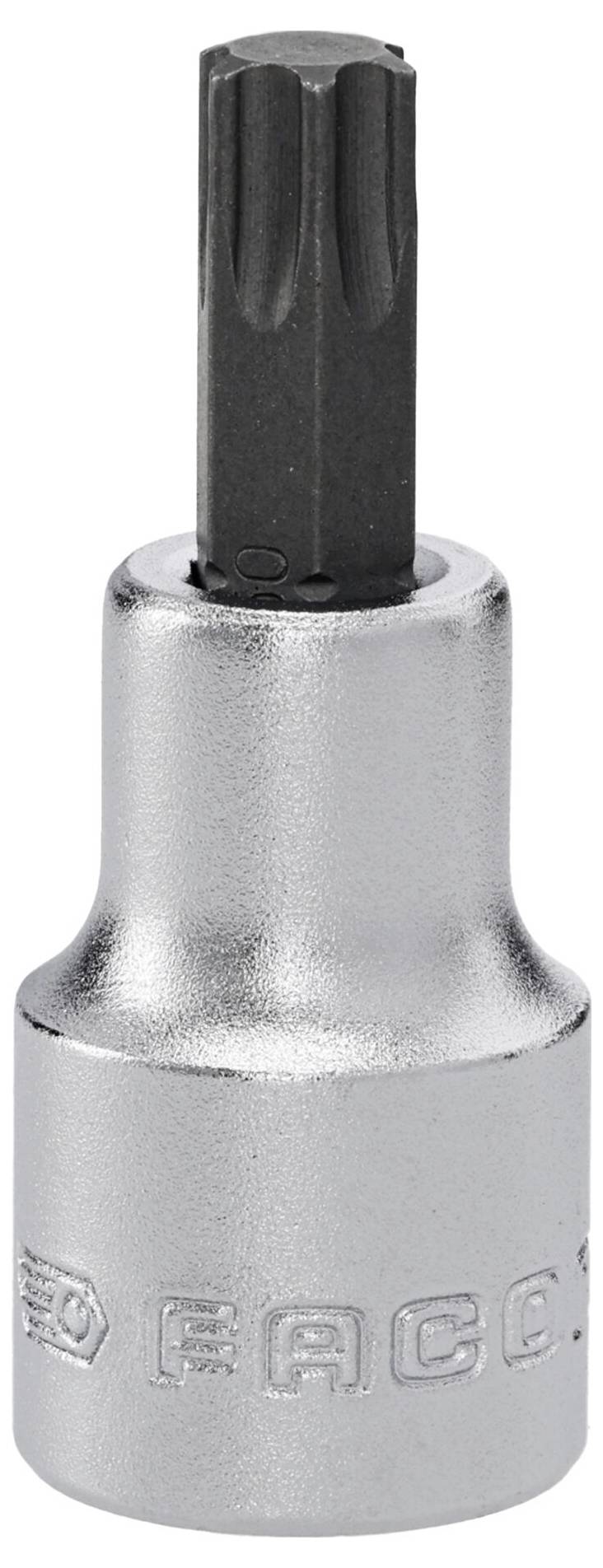 En krom stikkelnøgleadapter med et Torx-bit-hoved, brugt til at stramme eller løsne specialiserede skruer, med mærkning på siden.