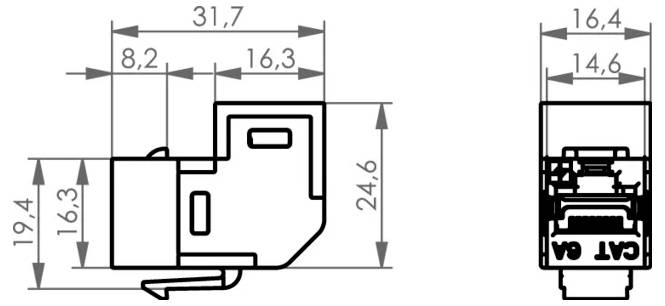 Detaljeret billede af en skærmet RJ45 Ethernet-stikforbindelse med sort og sølvfarvet metalhus.