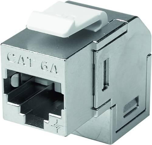 Tætbillede af en CAT 6A Ethernet-stik, en metalnetværkskabelstik med en hvid lås på toppen.