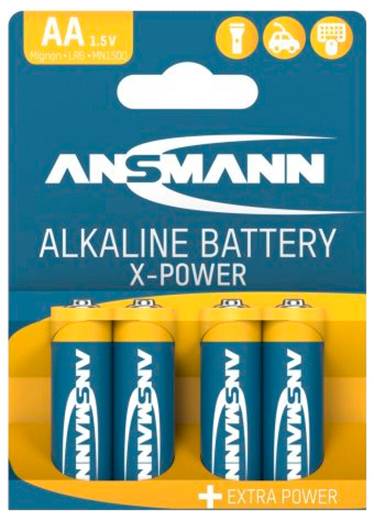 Pakke med ANSMANN AA 1,5V alkaline-batterier, X-Power ekstra kraft, som viser fire batterier i blisterpakning.
