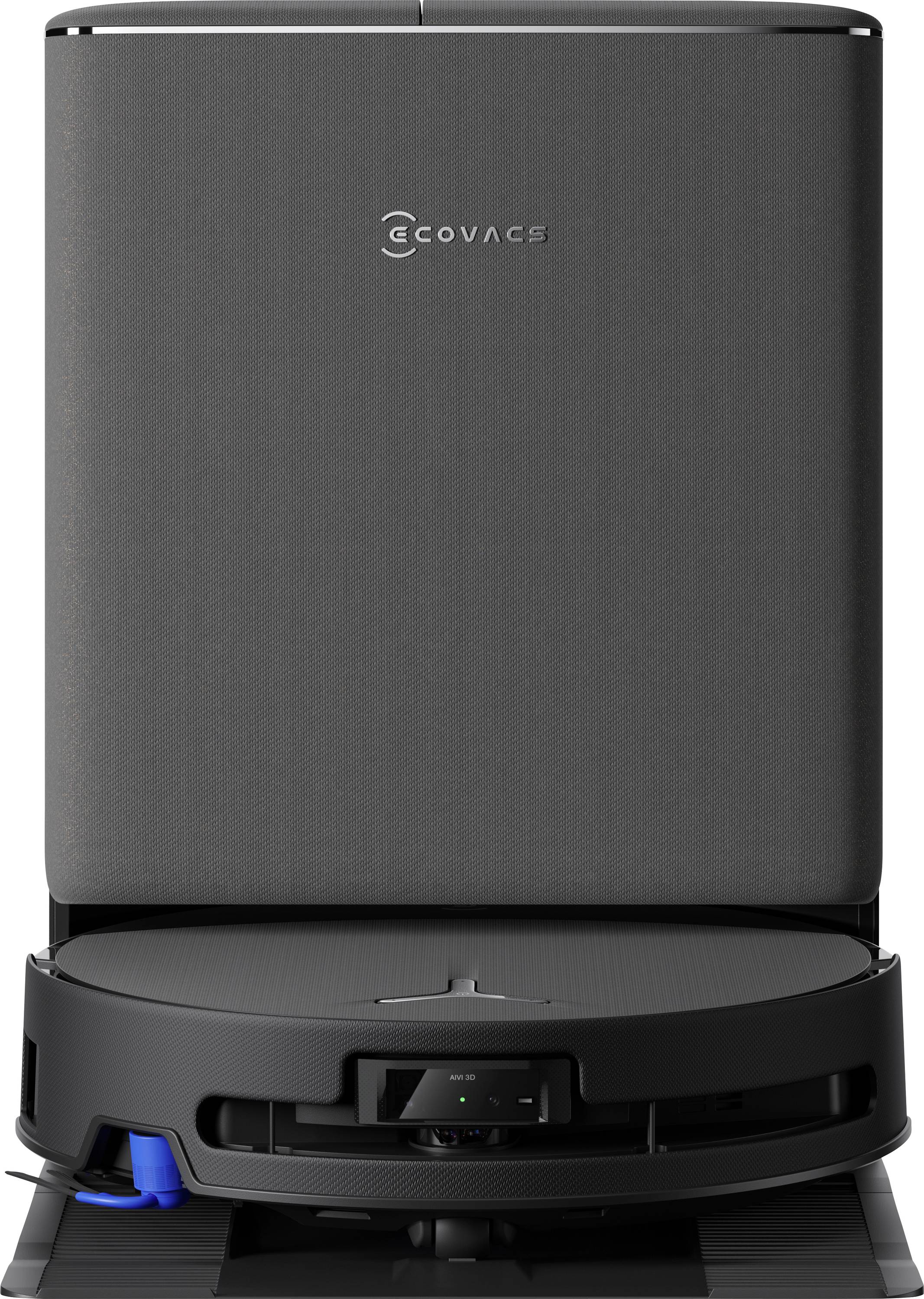 En sort robotstøvsuger med et elegant design, der bærer Ecovacs-logoet på toppen, placeret foran en tilsvarende ladestation.
