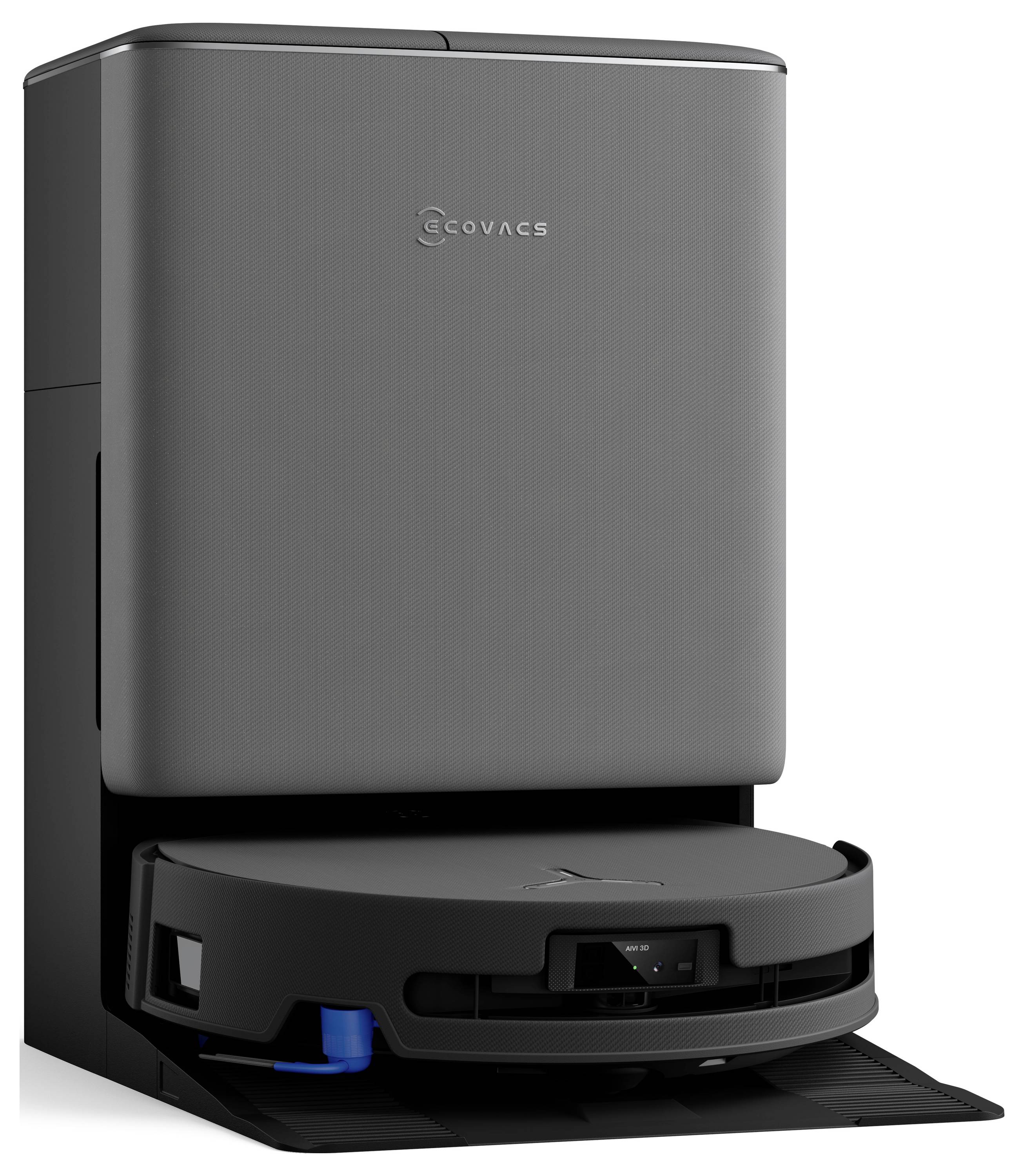 Robotstøvsuger dokket i sin ladestation med en elegant, moderne design og et minimalistisk logo på ladeenheden.