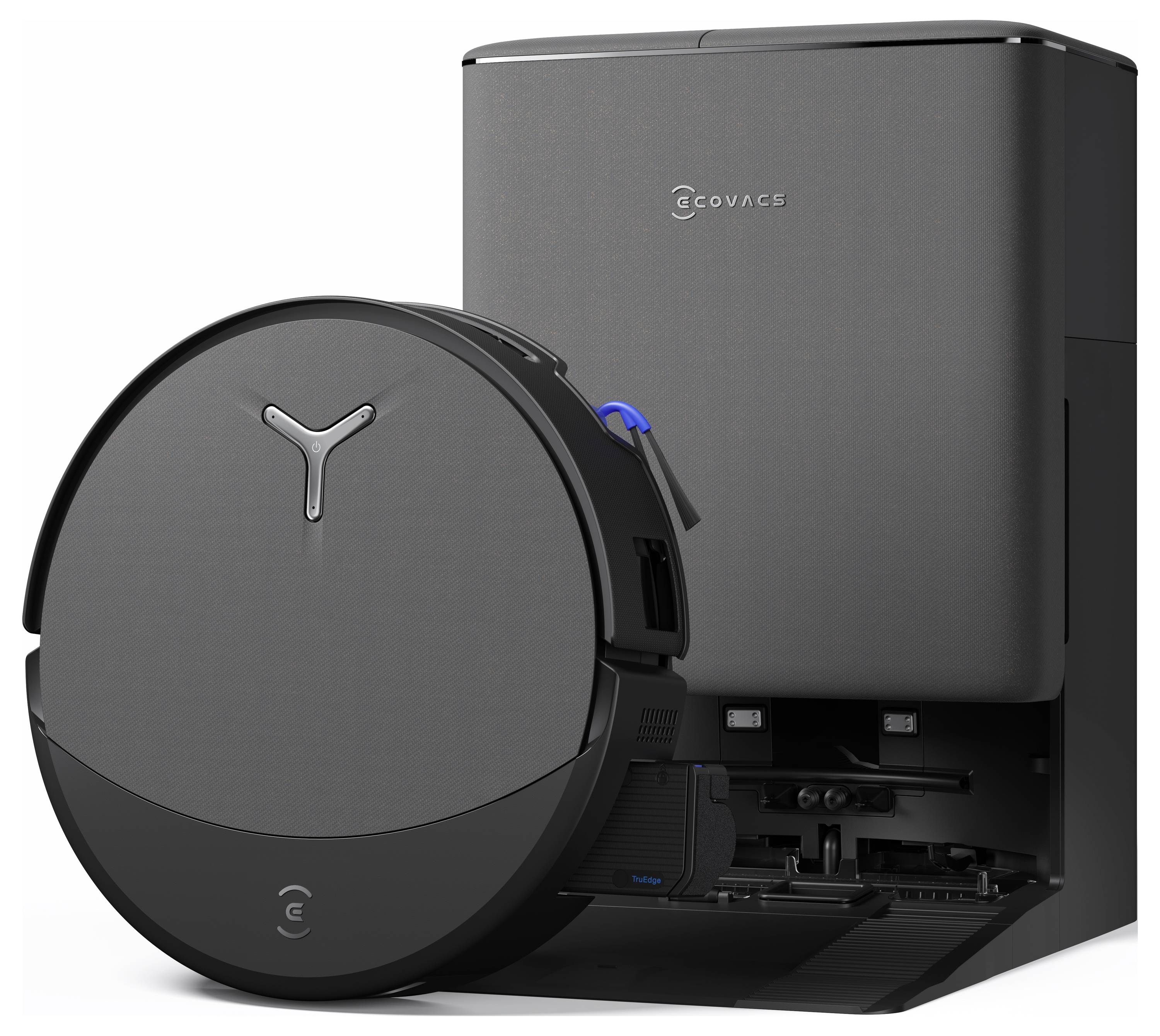 En robotstøvsuger med ladestation, med et elegant sort design og berøringsfølsomme kontroller, placeret mod en hvid baggrund.