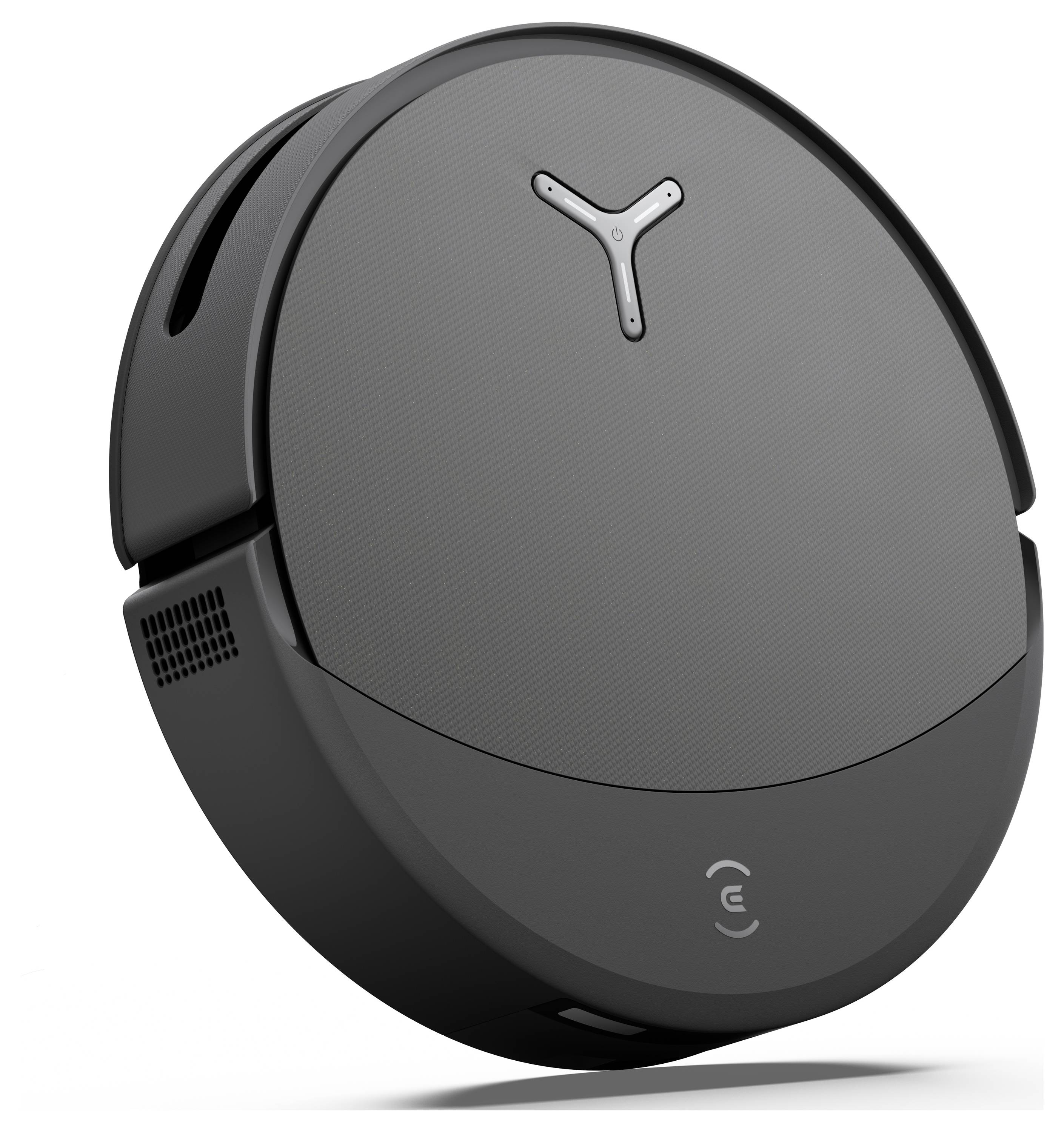 En elegant, sort robotstøvsuger med et cirkulært design, udstyret med en minimalistisk brugergrænseflade på dens øverste overflade.