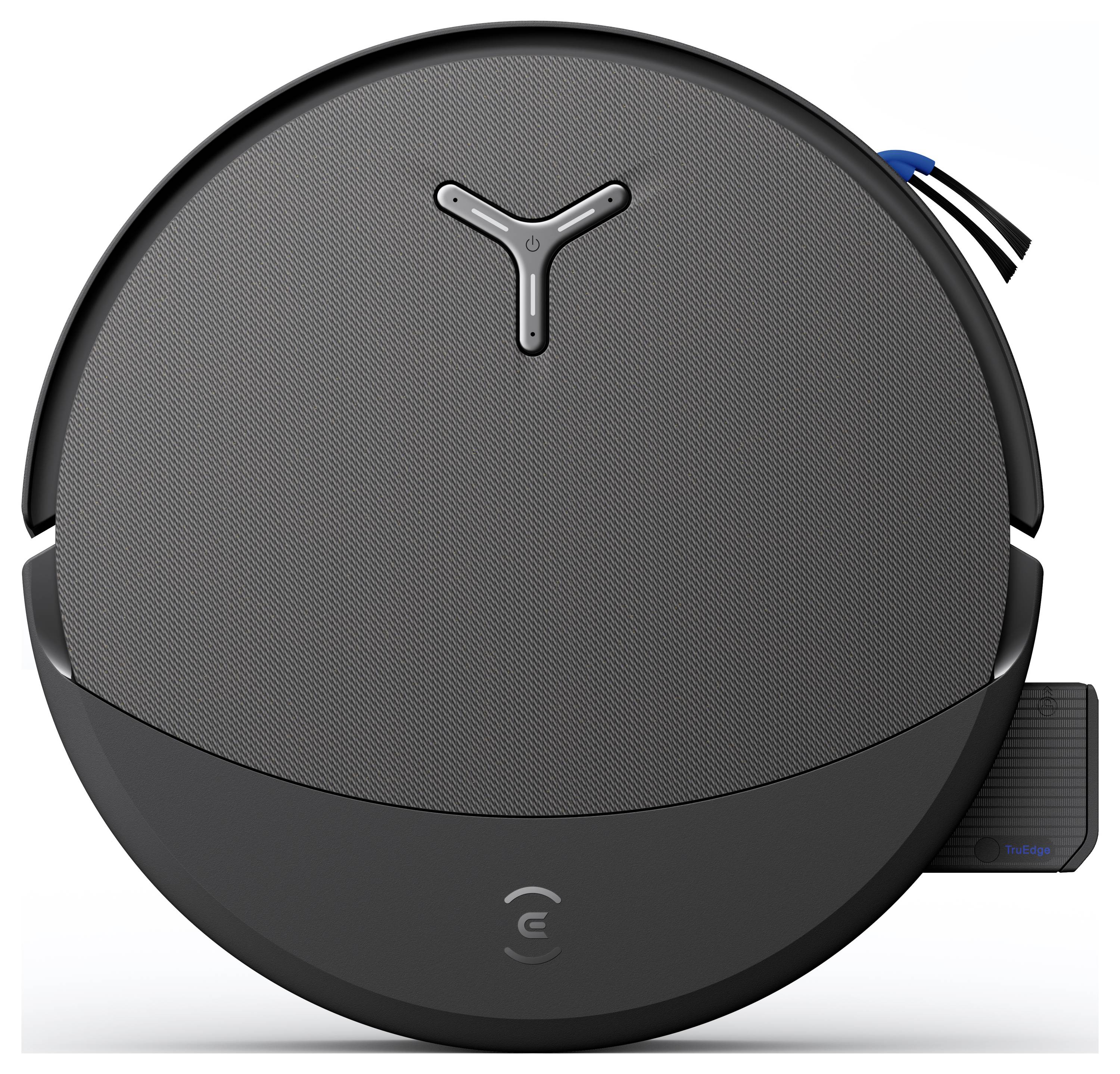 Rundt robotstøvsuger med en grå overflade, der viser et 'Y'-formet design og branding på toppen, udstyret med sidebørster.