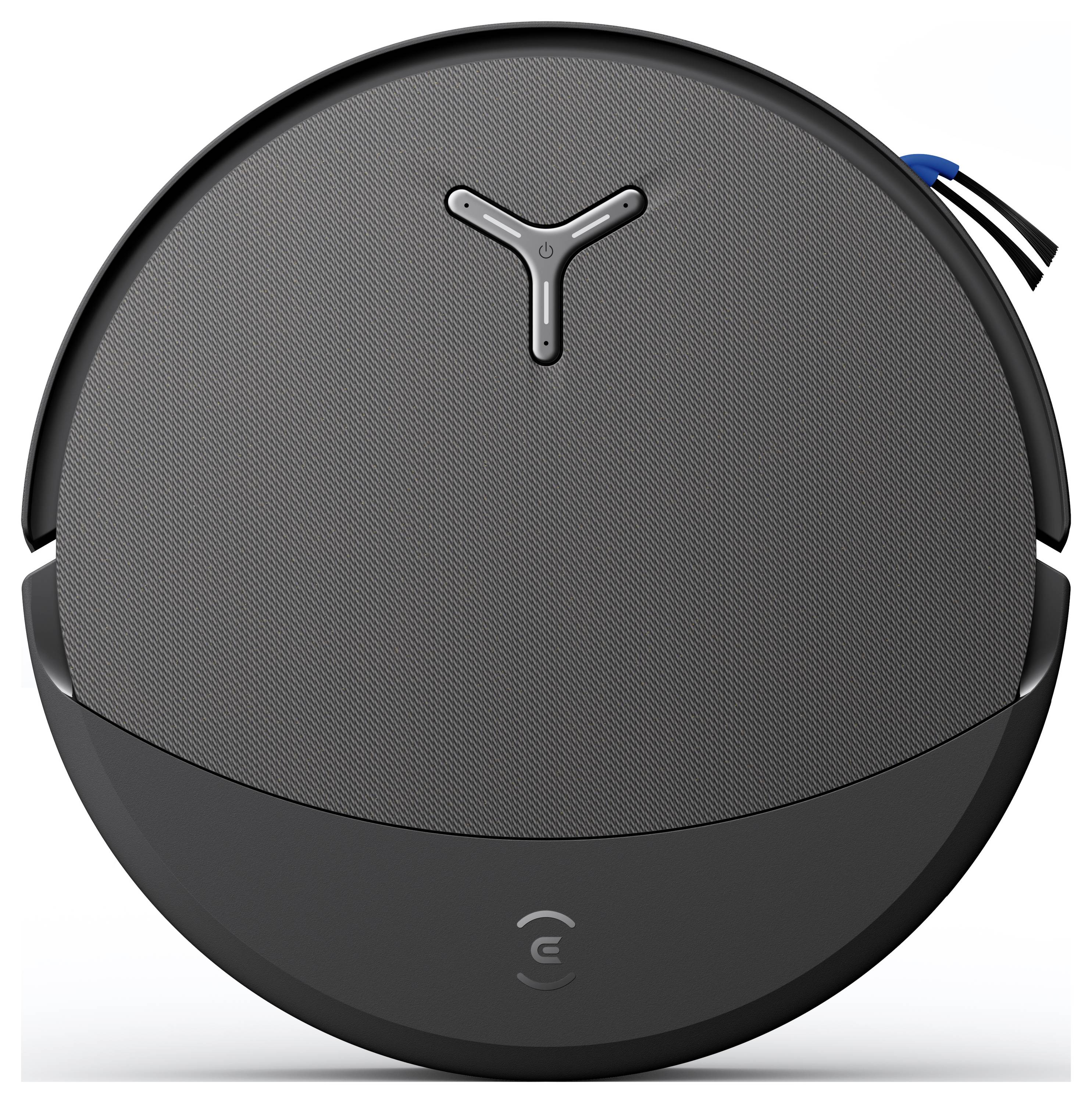 En rund robotstøvsuger med et elegant sort finish, udrustet med en Y-formet centralknap og et Wi-Fi-forbindelses ikon.
