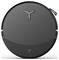 En rund robotstøvsuger med et elegant sort finish, udrustet med en Y-formet centralknap og et Wi-Fi-forbindelses ikon.
