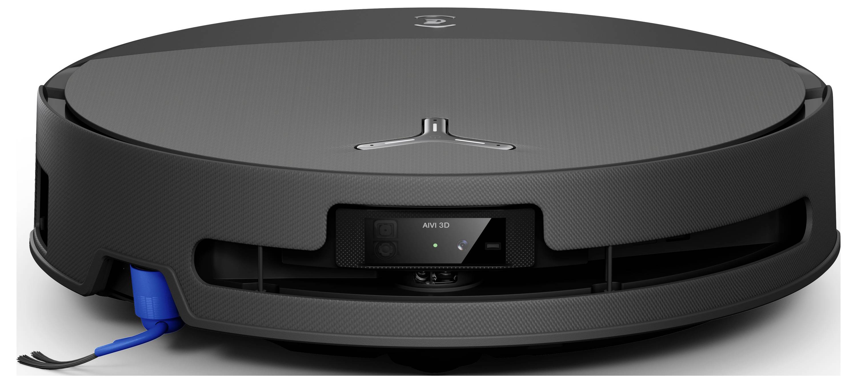 En sort robotisk støvsuger med lavt profil-design, udstyret med sensorer og en central børste, placeret på en hvid baggrund.