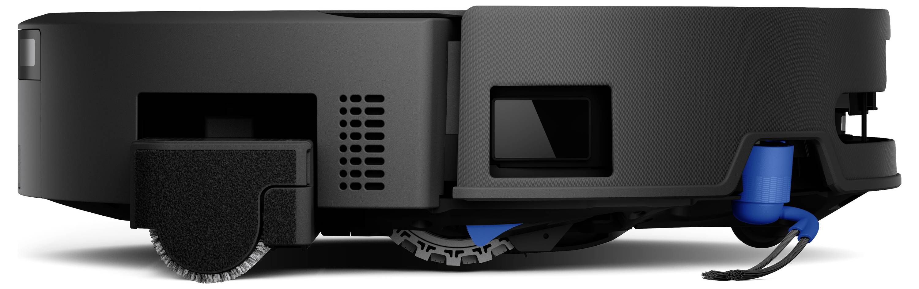 En sort roboksugerdamaskine set fra siden, der viser dens hjul og en rengøringsbørste under den.