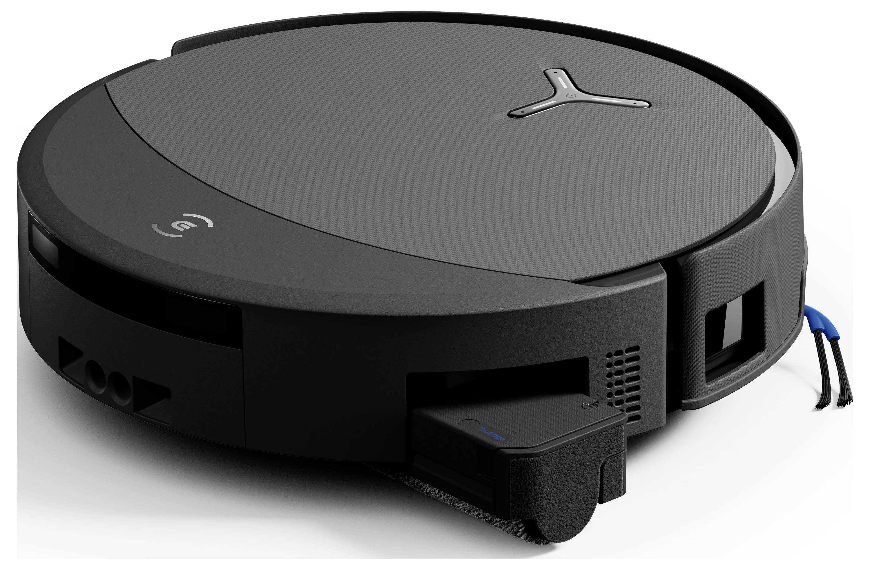 En sort robotstøvsuger med et elegant, rundt design, udstyret med knapper på toppen og et rum til at opsamle støv og affald.