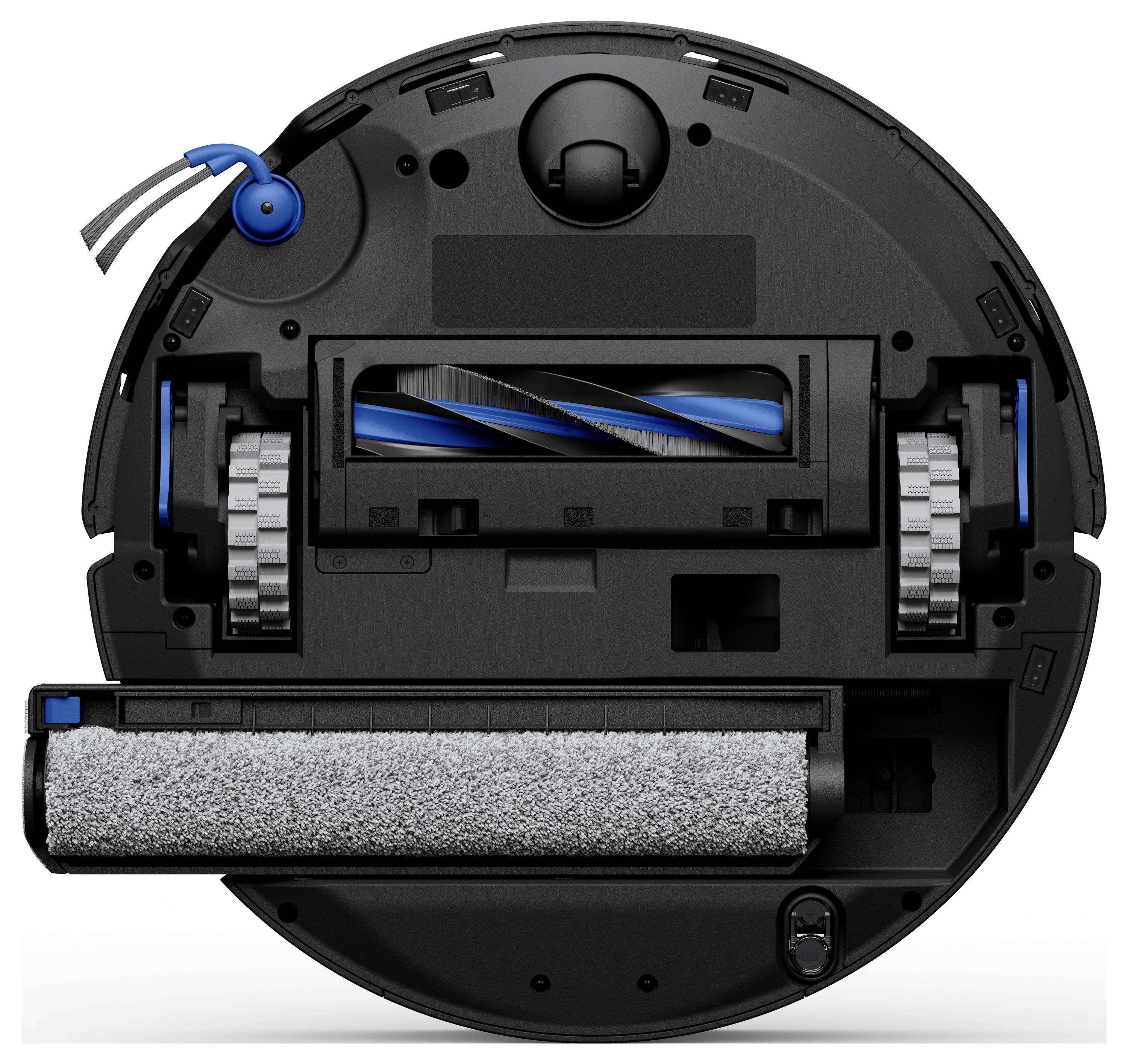 Billedet viser undersiden af en robotstøvsuger med børster, hjul og en blød rolle designet til at rengøre gulve.