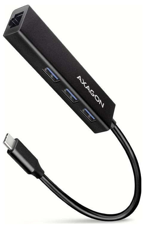 Axagon USB-C til USB-A hub adapter med tre USB-porte og en forbundet USB-C-stik