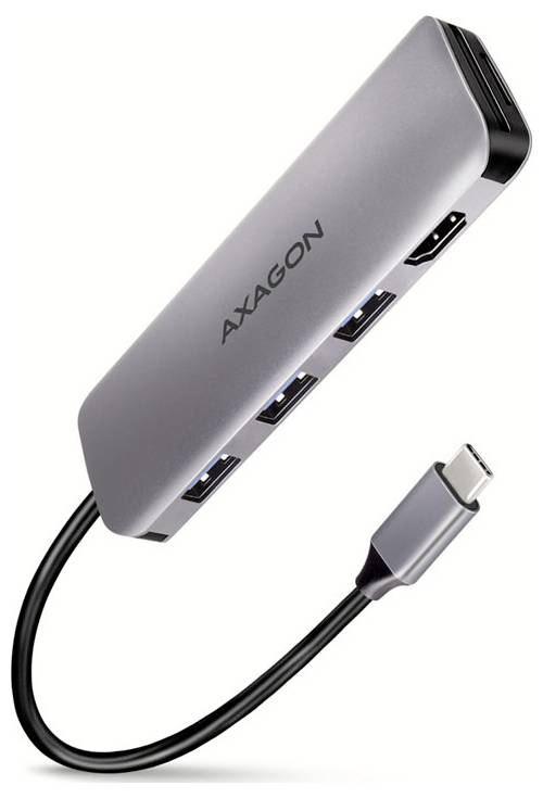 Sølvfarvet AXAGON USB-C hub med tre USB-A porte og en USB-C kabeladapterkonnektor
