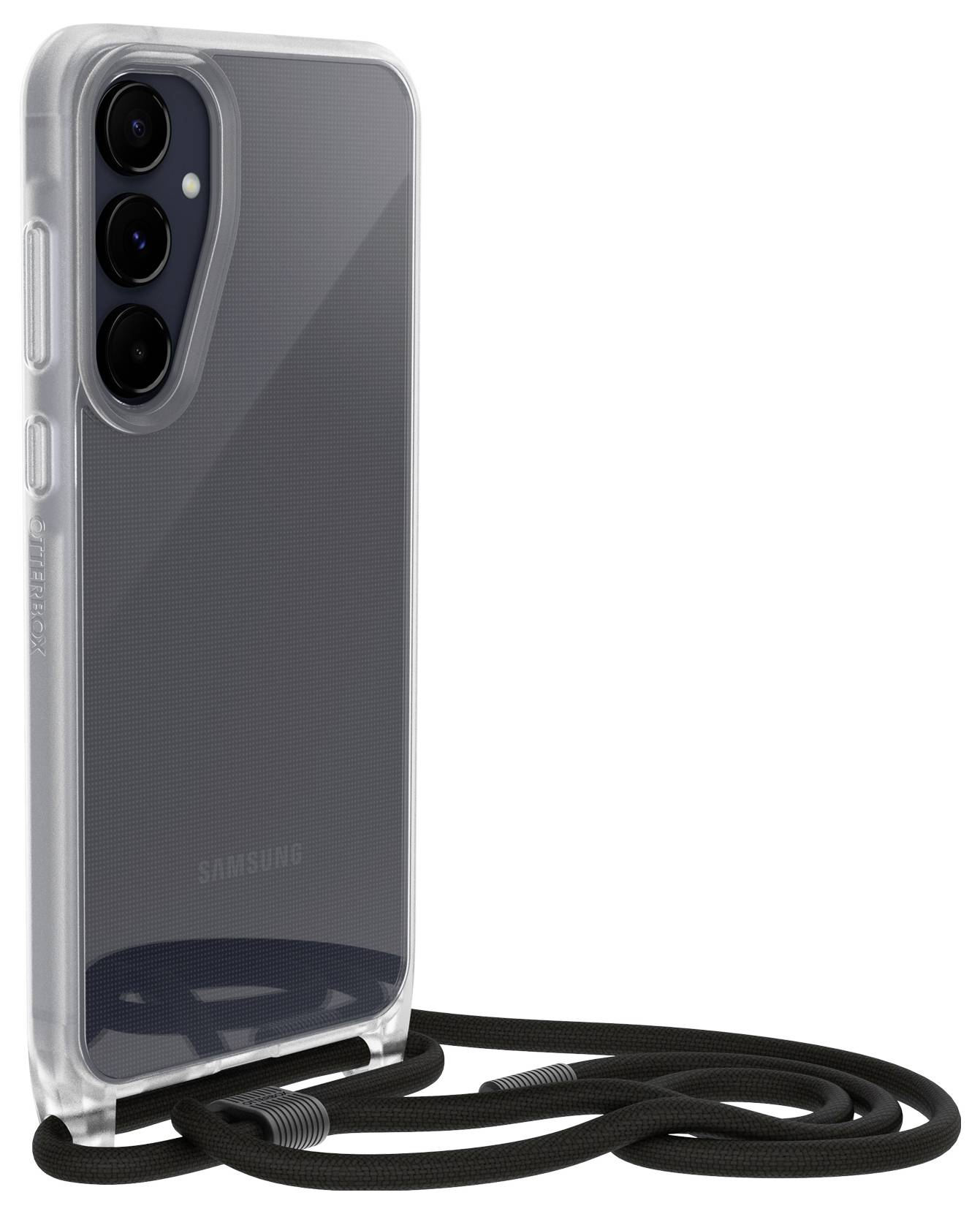 Gennemsigtig telefonetui med indbygget sort nakkestrop, der holder en Samsung smartphone, vist bagfra.