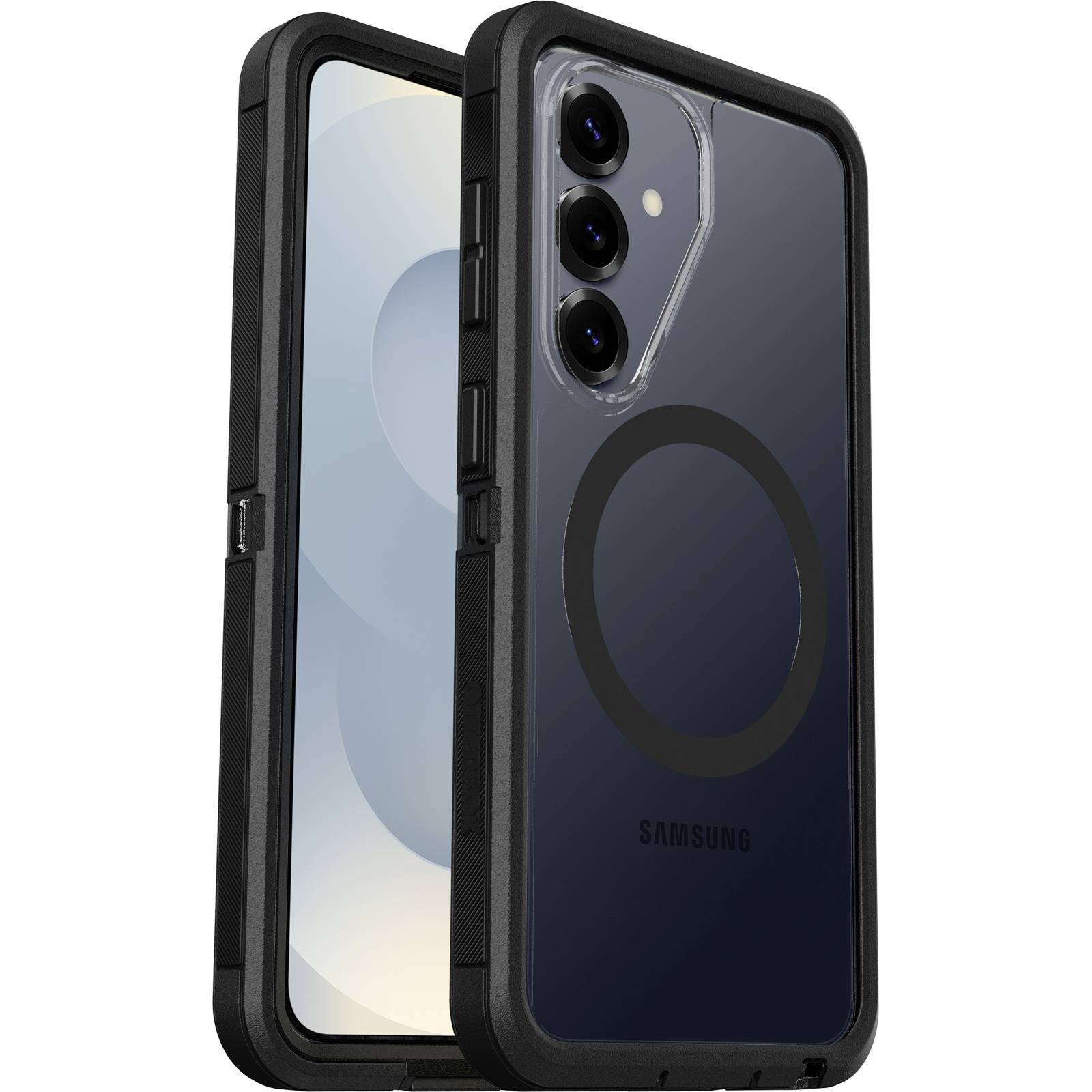 To visninger af en Samsung-smartphone i et sort beskyttelsecover, der viser forsiden og bagsiden med tredobbelt bagkamera og en cirkulær MagSafe-lignende ring.