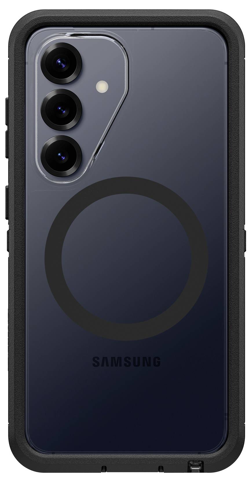 Bagside af en Samsung-smartphone i et robust sort beskyttelsescover, der viser triple-kameraer og en cirkulær trådløs opladningsring på bagsiden.