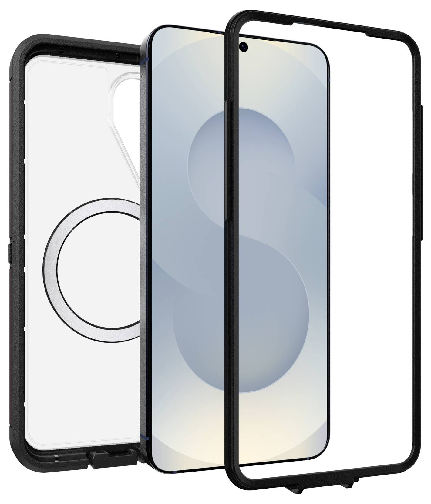 Tre sorte telefonbeskyttelsescover vist forfra, fra siden og bagfra på en hvid baggrund, et med en transparent MagSafe-lignende ring.