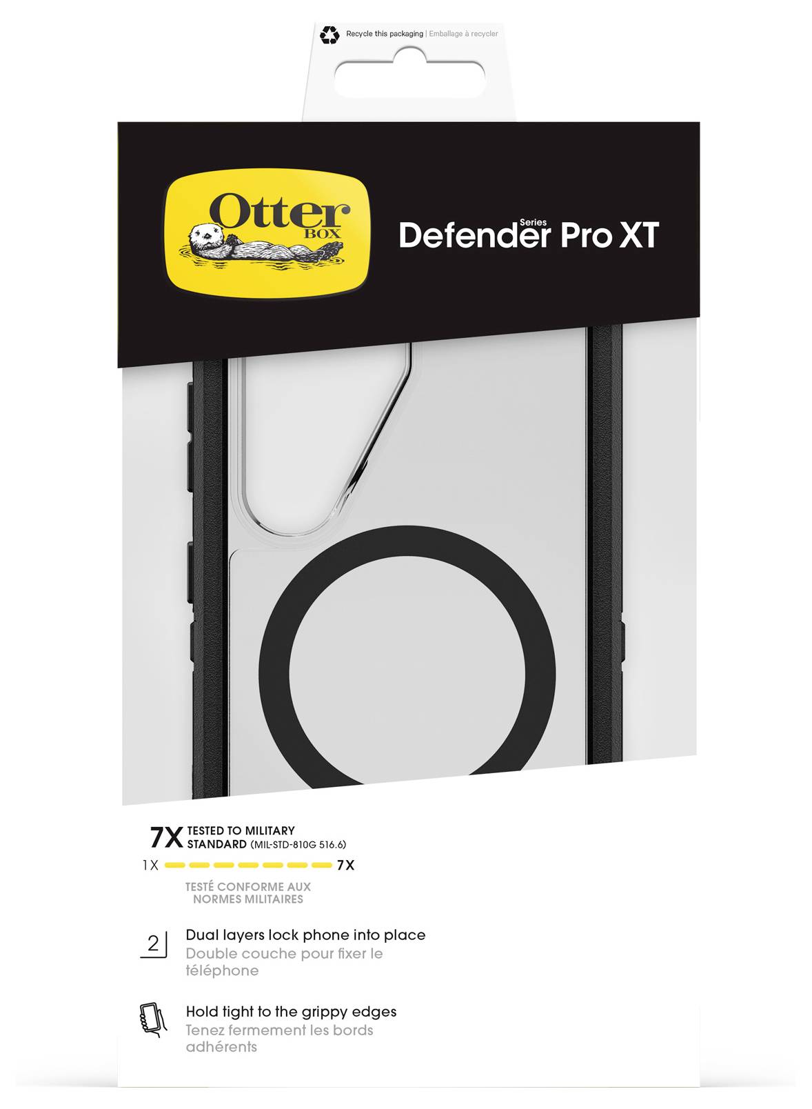 OtterBox Defender Pro XT telefonetui pakke med klart vindue, mærket '7X testet til militær standard' og 'Dobbelt lag låser telefonen på plads.'