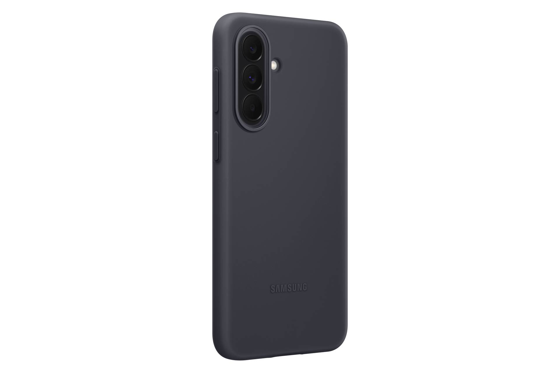 Sort Samsung-smartphone vist fra bagsiden, med et tredobbelt bagkamera-modul og mat finish.
