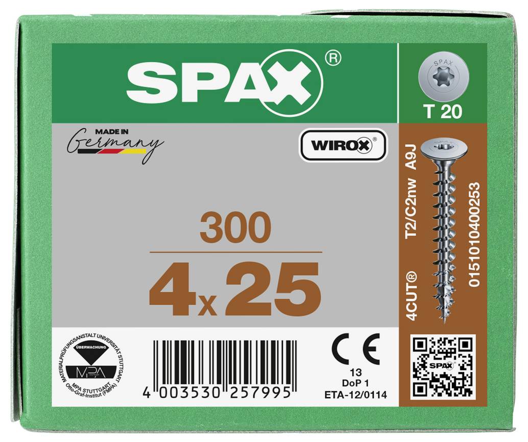 Pakke med SPAX T20 skruer mærket 300, 4 x 25, med produktstregkode og skrueillustration på en grøn kasse.
