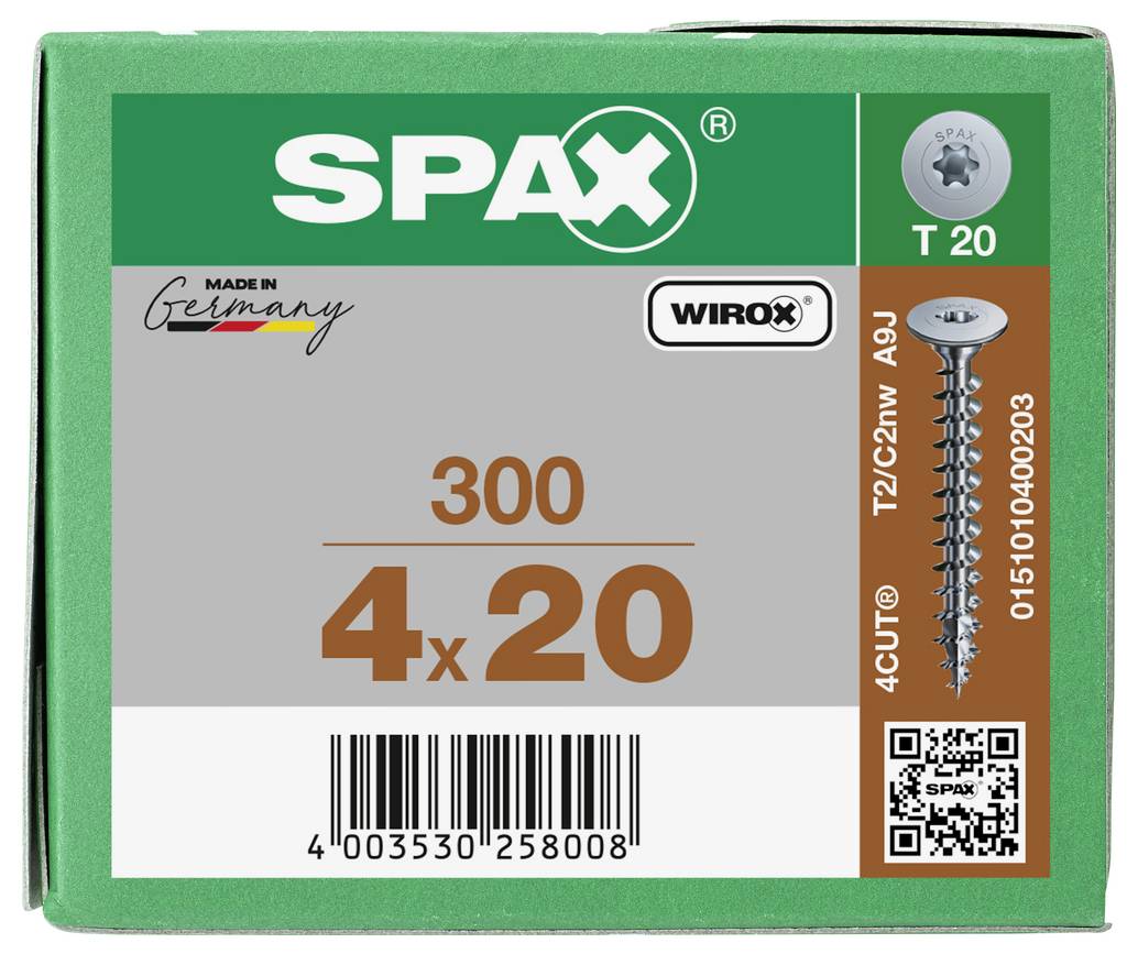 Pakke med SPAX WIROX skruer mærket 300, 4 x 20, T20, fremstillet i Tyskland, med stregkode og QR-kode.