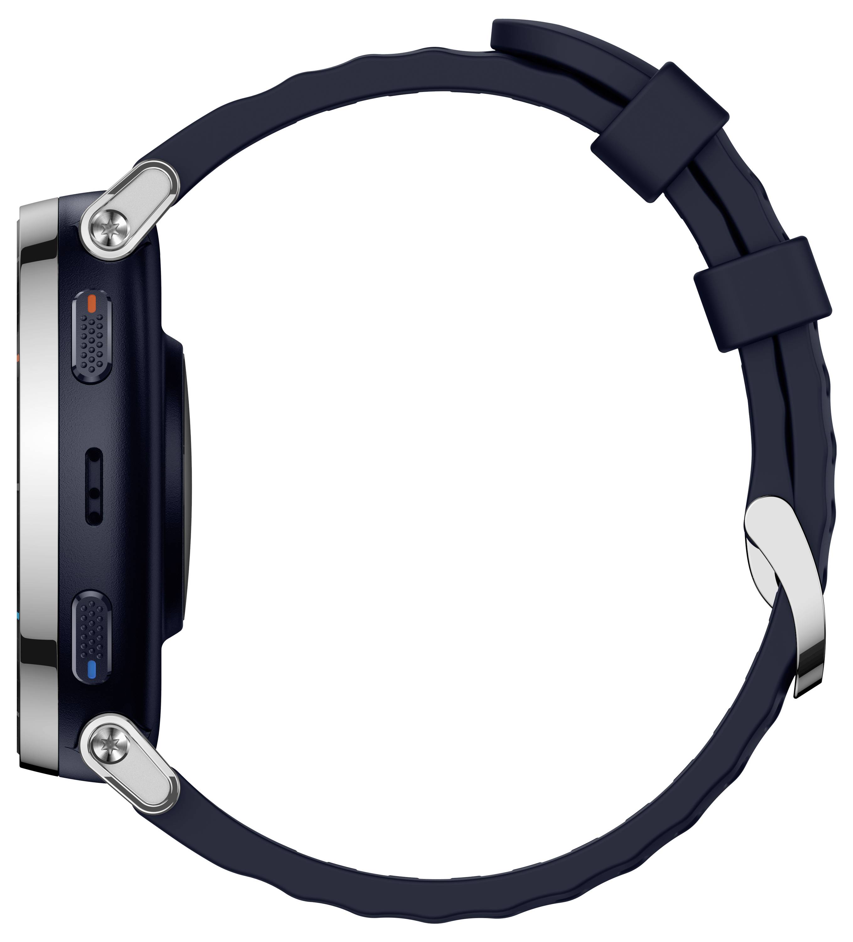 Sidevisning af et smartwatch med et mørkt bånd og sølvfarvet etui, der viser dets profil og justerbar rem.