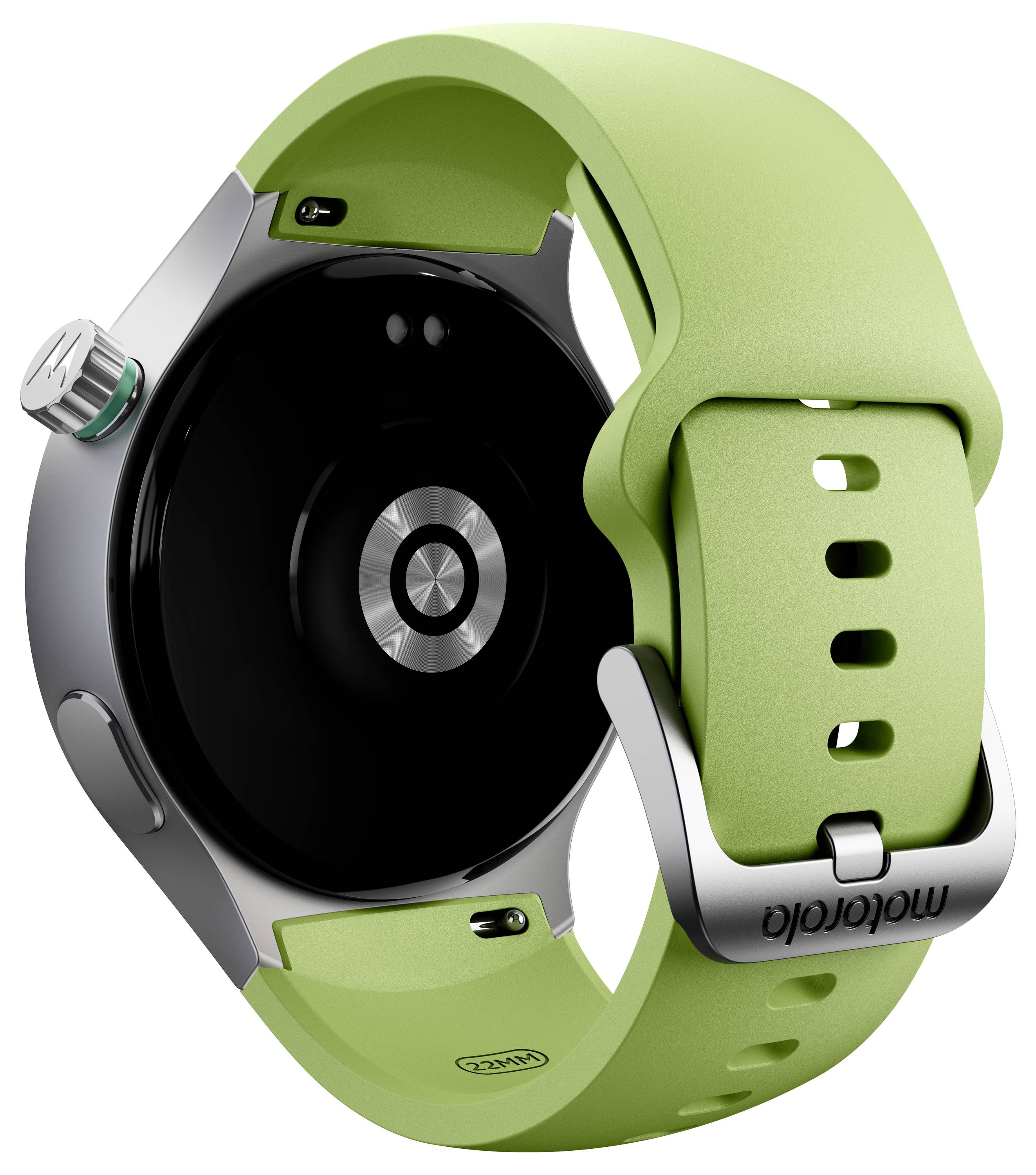 Bagside af et rundt smartwatch med sort skærm, sølvfarvet kabinet og limegrønt bånd viser spænde og justeringshul.