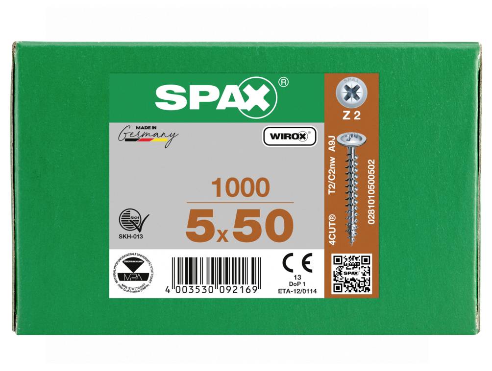 Grøn SPAX skrueboks mærket 1000 og 5x50, der viser en skrueillustration, stregkode, CE-mærke og produktdetaljer.