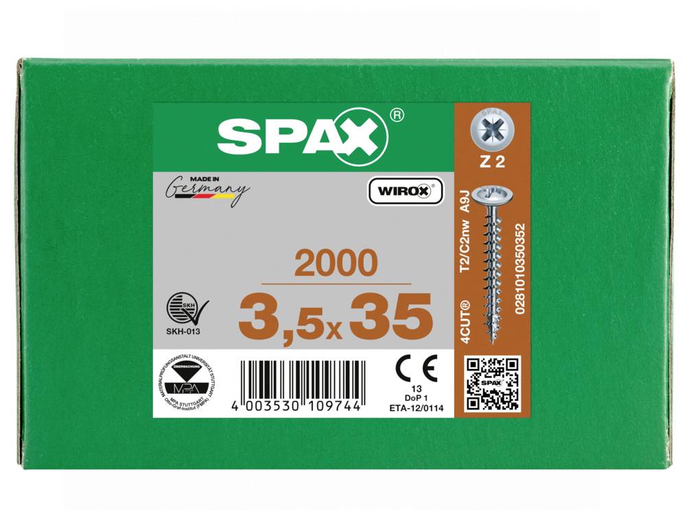 Grøn SPAX skrueboks mærket '2000' og '3,5x35', med en skrueillustratio, stregkode og CE-mærke.