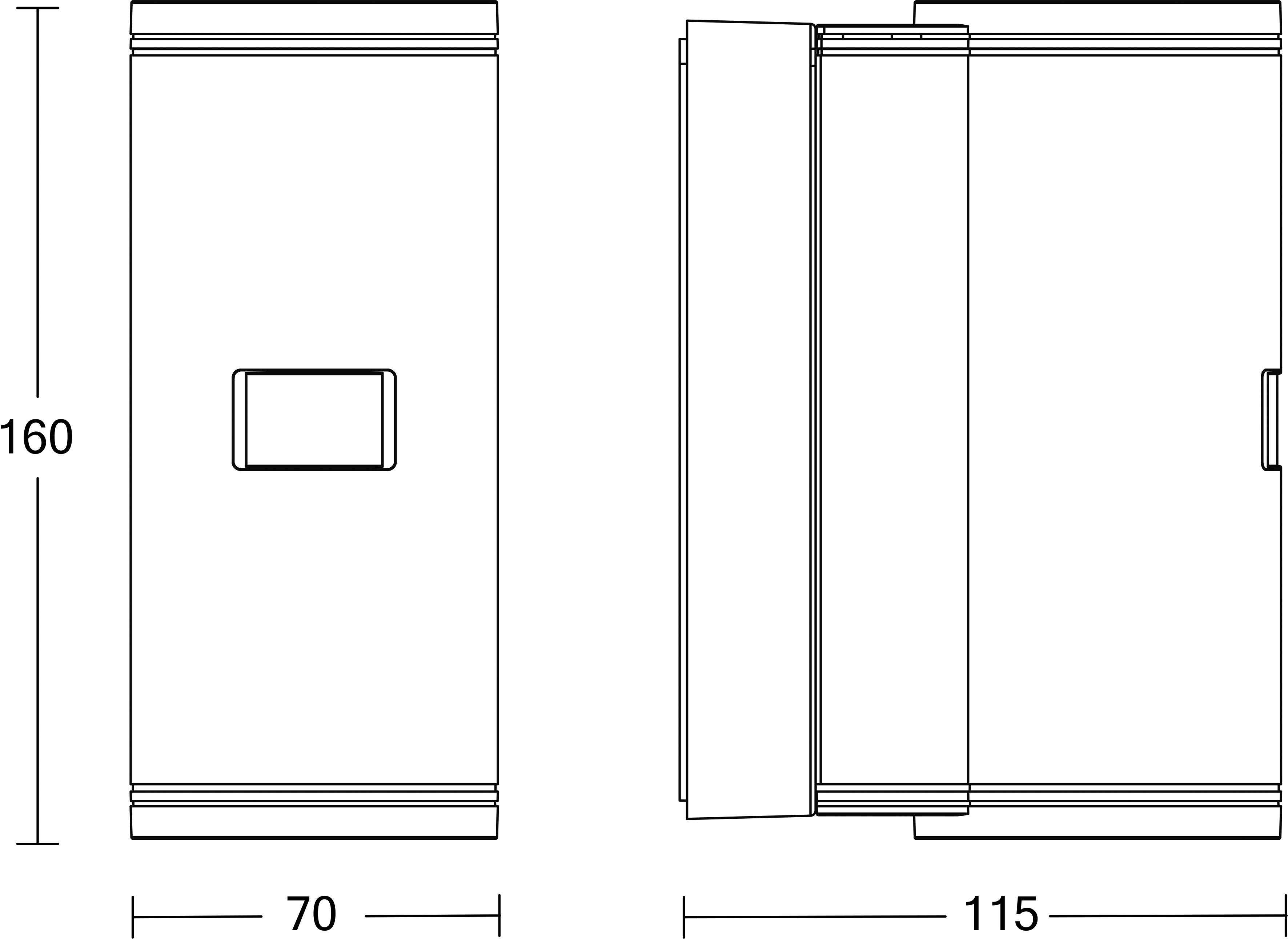 Teknisk tegning af et rektangulært apparat vist i front- og sidevisninger, med dimensioner mærket 160, 70 og 115.