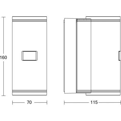 Teknisk tegning af et rektangulært apparat vist i front- og sidevisninger, med dimensioner mærket 160, 70 og 115.