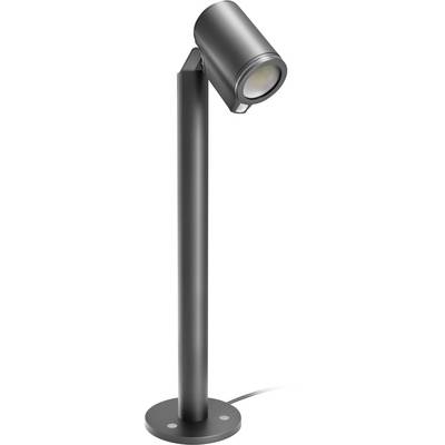 En sort justerbar spotlightlampe på en rund base, vist mod en hvid baggrund.