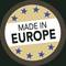 Rundt "Fremstillet i Europa" badge med blå stjerner omkring kanten.