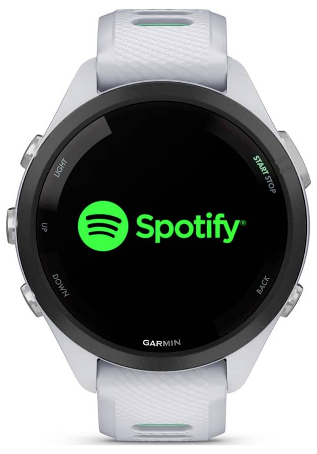 Garmin smartwatch viser Spotify-appens logo og navn på en sort skærm