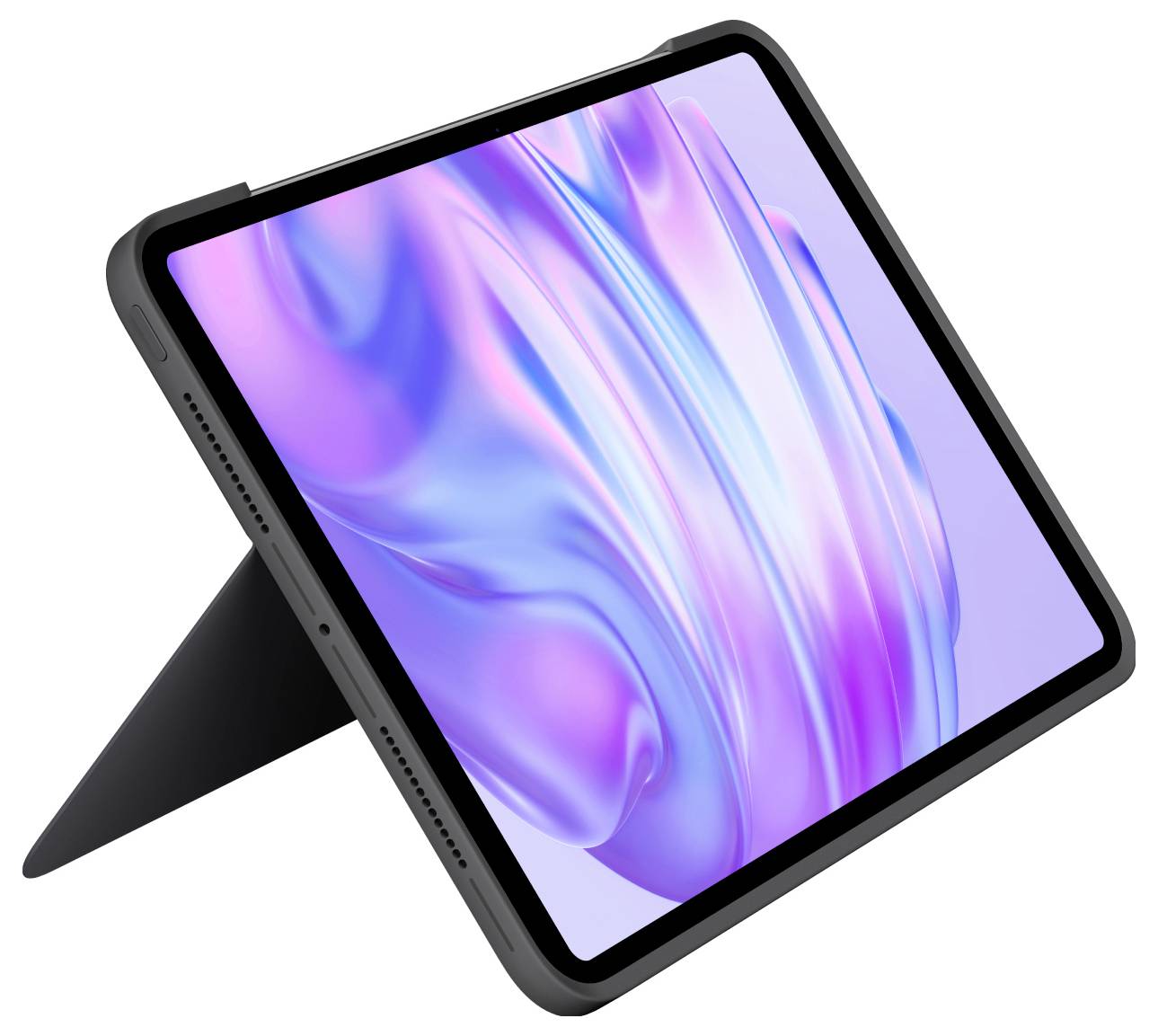 Tablet i et sort foliocover stativet, vinklet på en hvid baggrund, med en lilla-blå abstrakt skærm.