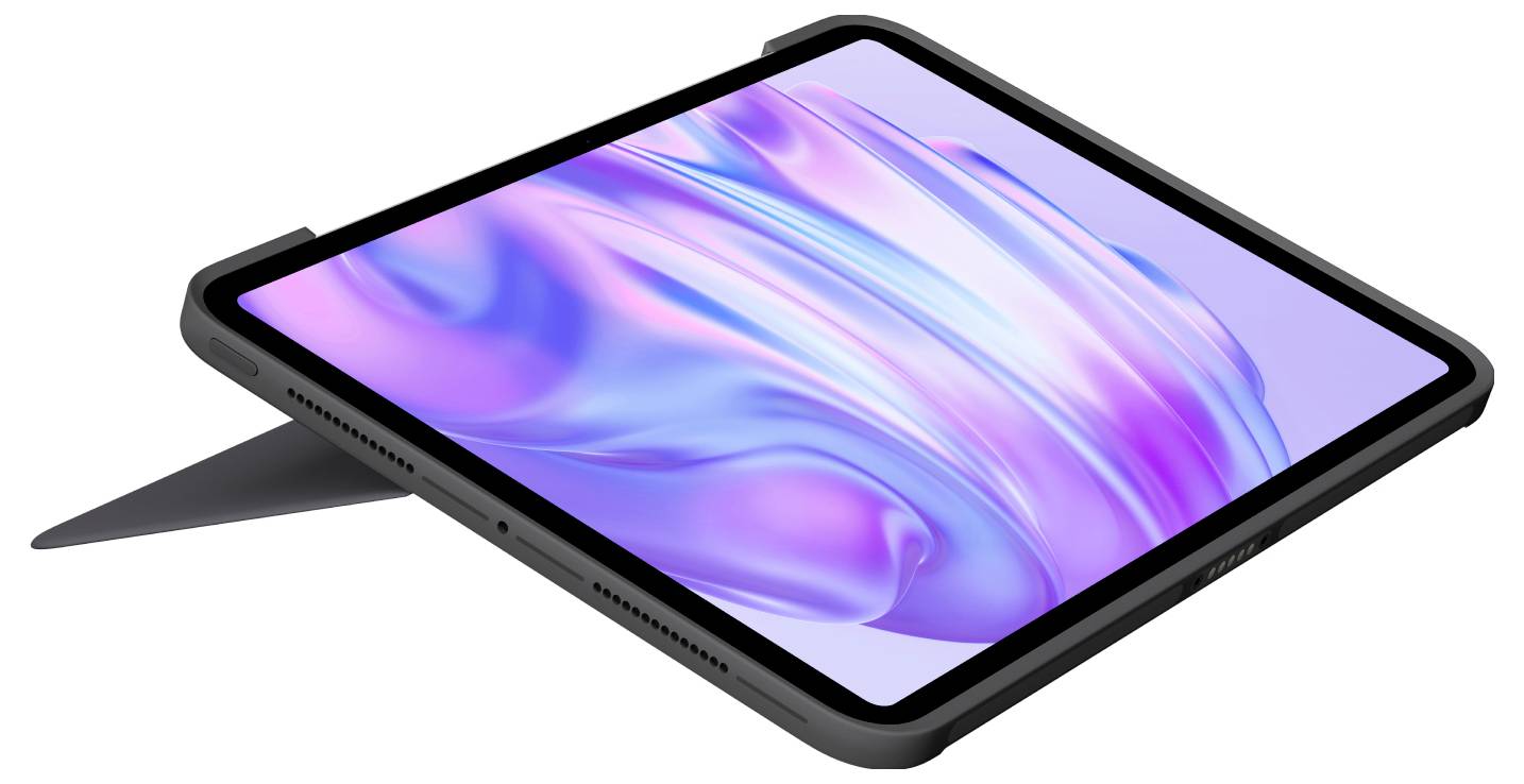 Sort tablet med stylus tilknyttet, vist i en vinkel på hvid baggrund med purpur-blå abstrakt skærmdisplay.