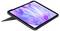 Sort tablet med stylus tilknyttet, vist i en vinkel på hvid baggrund med purpur-blå abstrakt skærmdisplay.