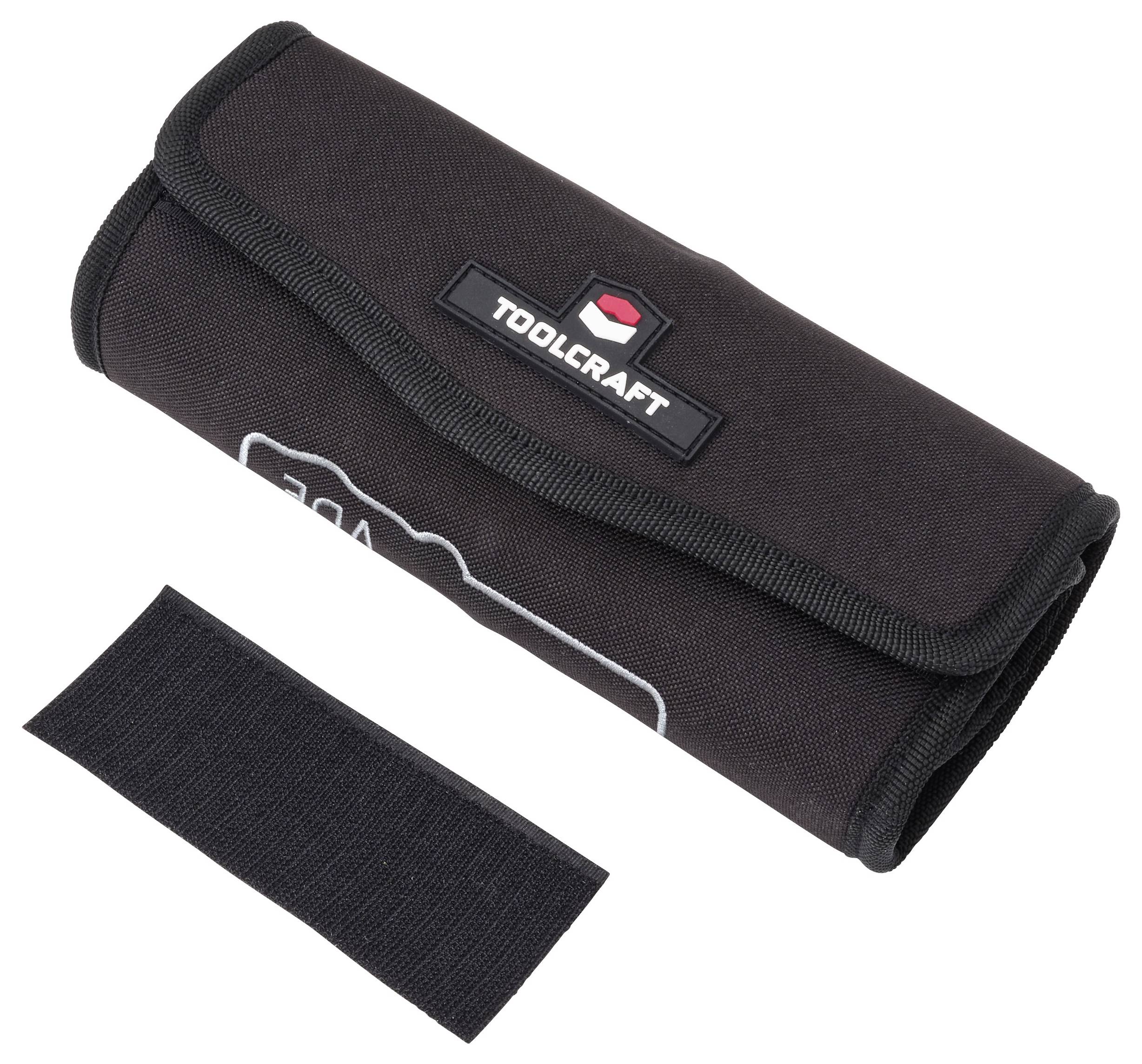 Black Toolcraft rullet værktøjstaske med klaplukning, vist med en separat sort Velcro-strop på hvid baggrund.