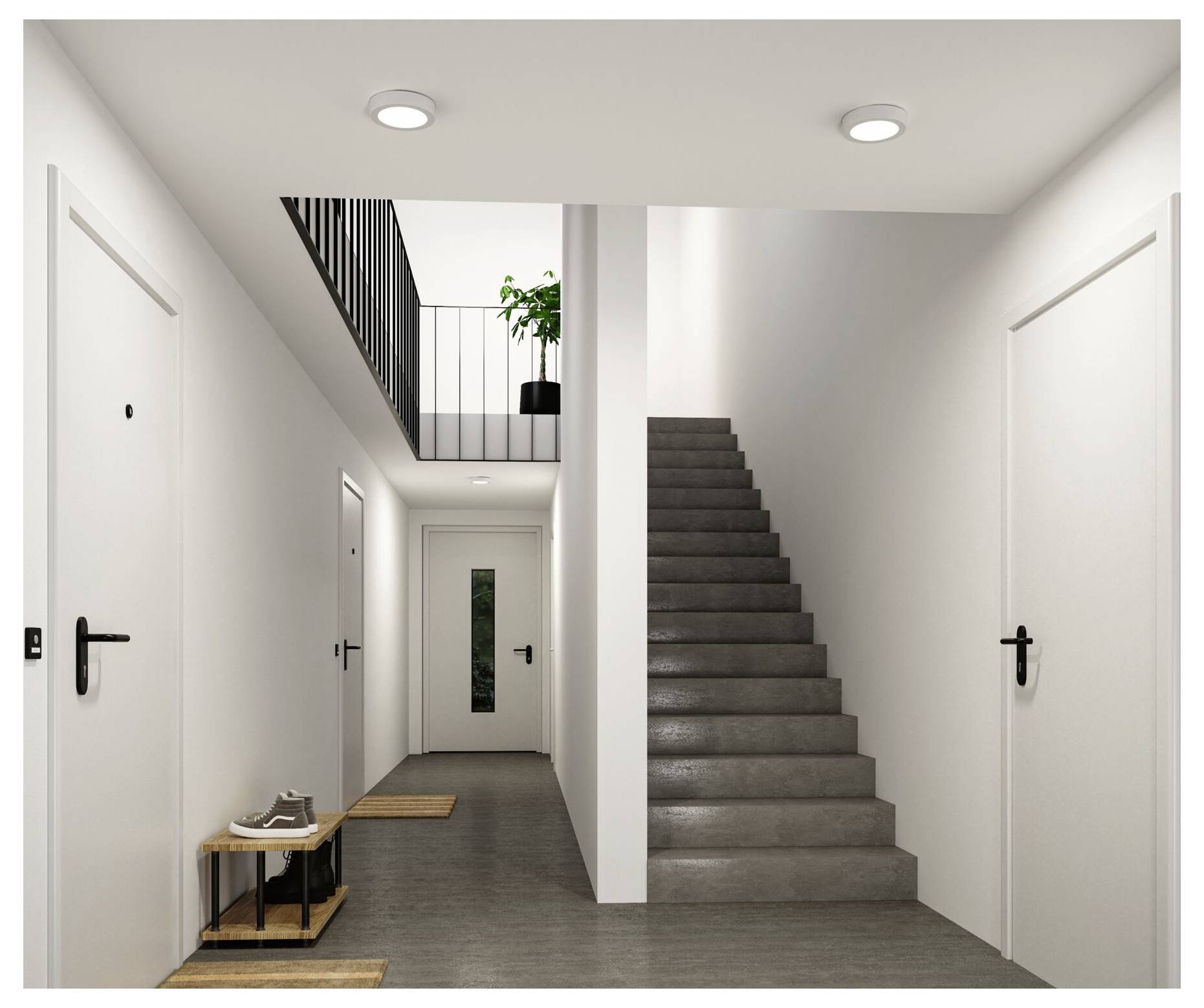 Moderne minimalistisk entré med grå gulv, hvide døre, trappe og lille bænk ved indgangen