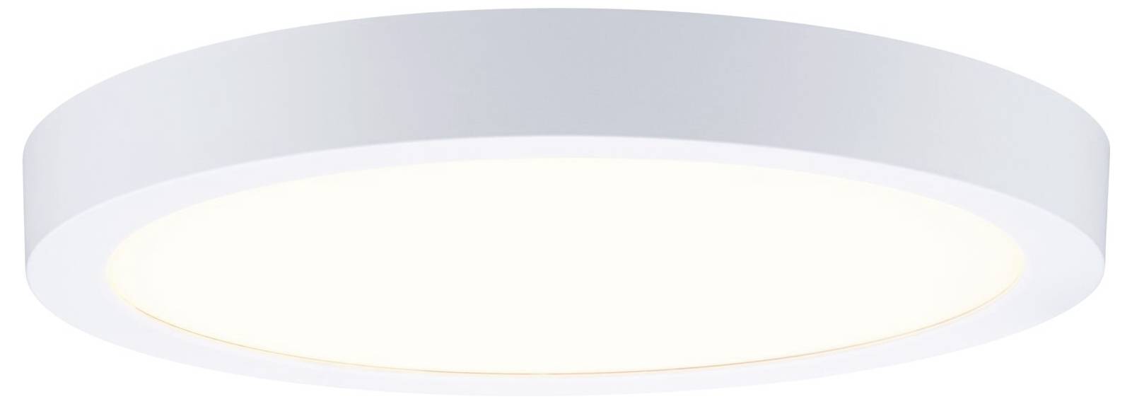 En moderne rund hvid loftlampe med en blidt glødende indre ring, vist mod en enkel baggrund.